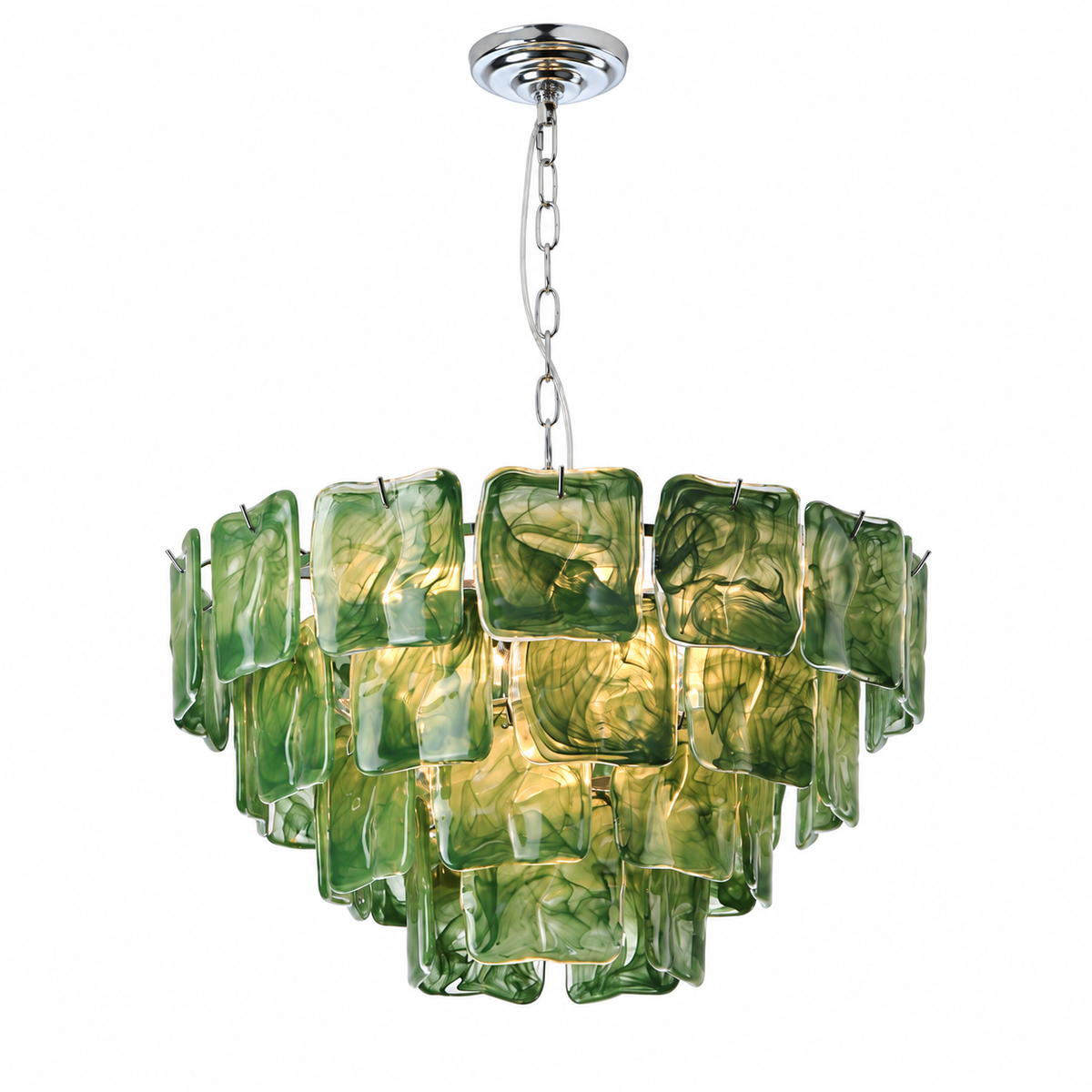 A modern multi-tiered glass chandelier with swirled green and amber glass panels and a polished chrome ceiling canopy and chain, shown against a plain white background.
