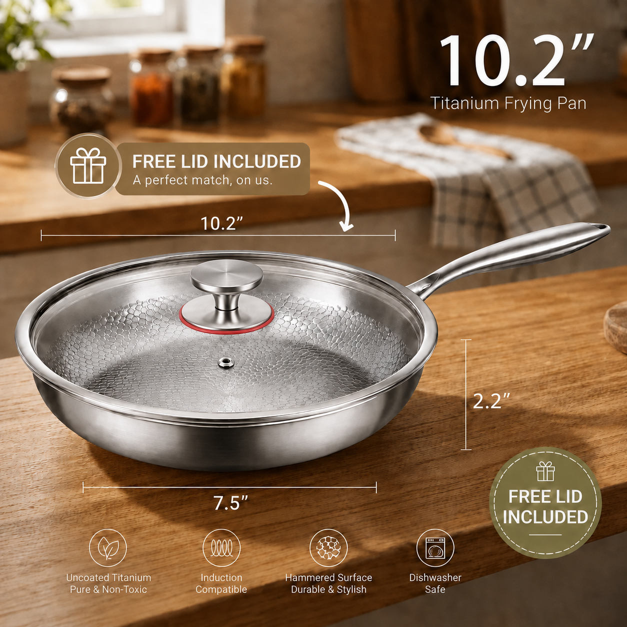 A stainless steel 10.2-inch frying pan with a matching glass lid is shown on a wooden countertop in a kitchen setting.