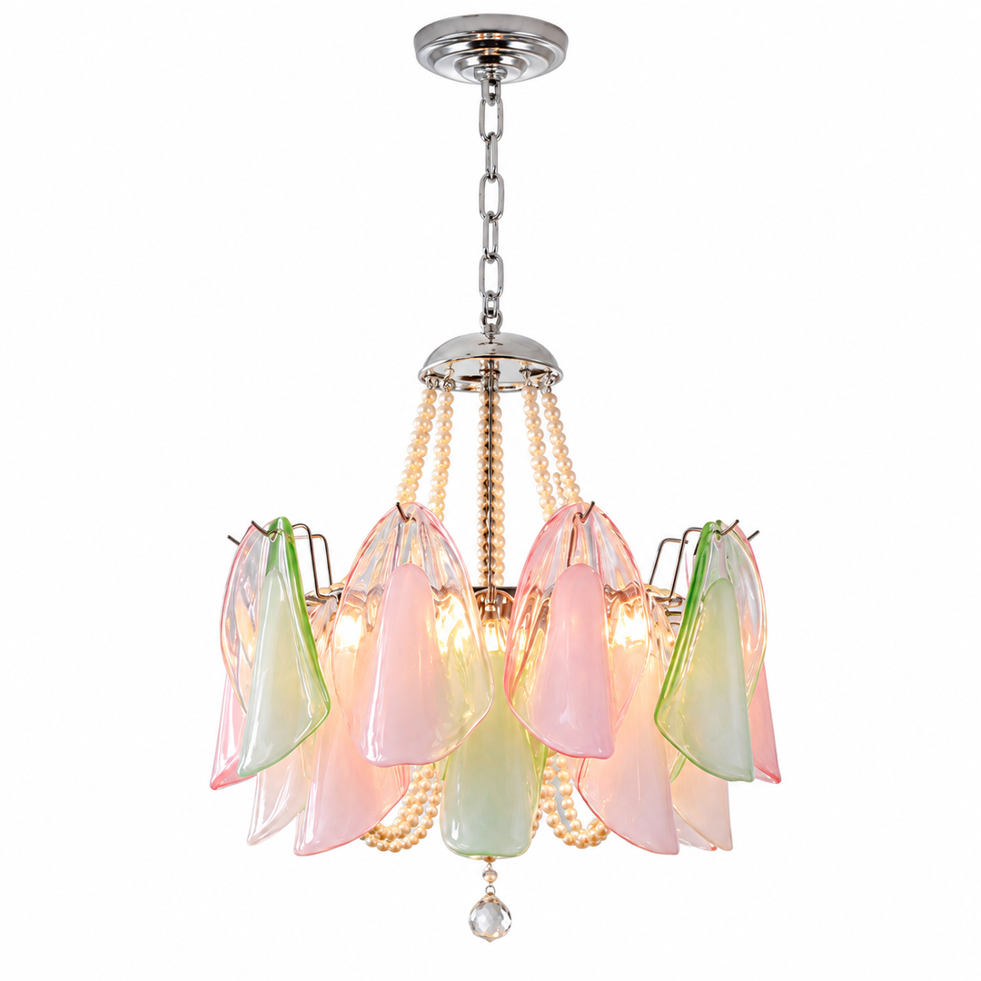 A multi-light chandelier with iridescent glass flower-shaped shades in pink, green, and yellow, suspended by a silver chain and gold-toned bead strands on a white background.