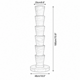 Floor lamp dimension drawing on white shows stacked tapered sections, labeled 180 cm tall, 25 cm across the top, and 48 cm across the base.
