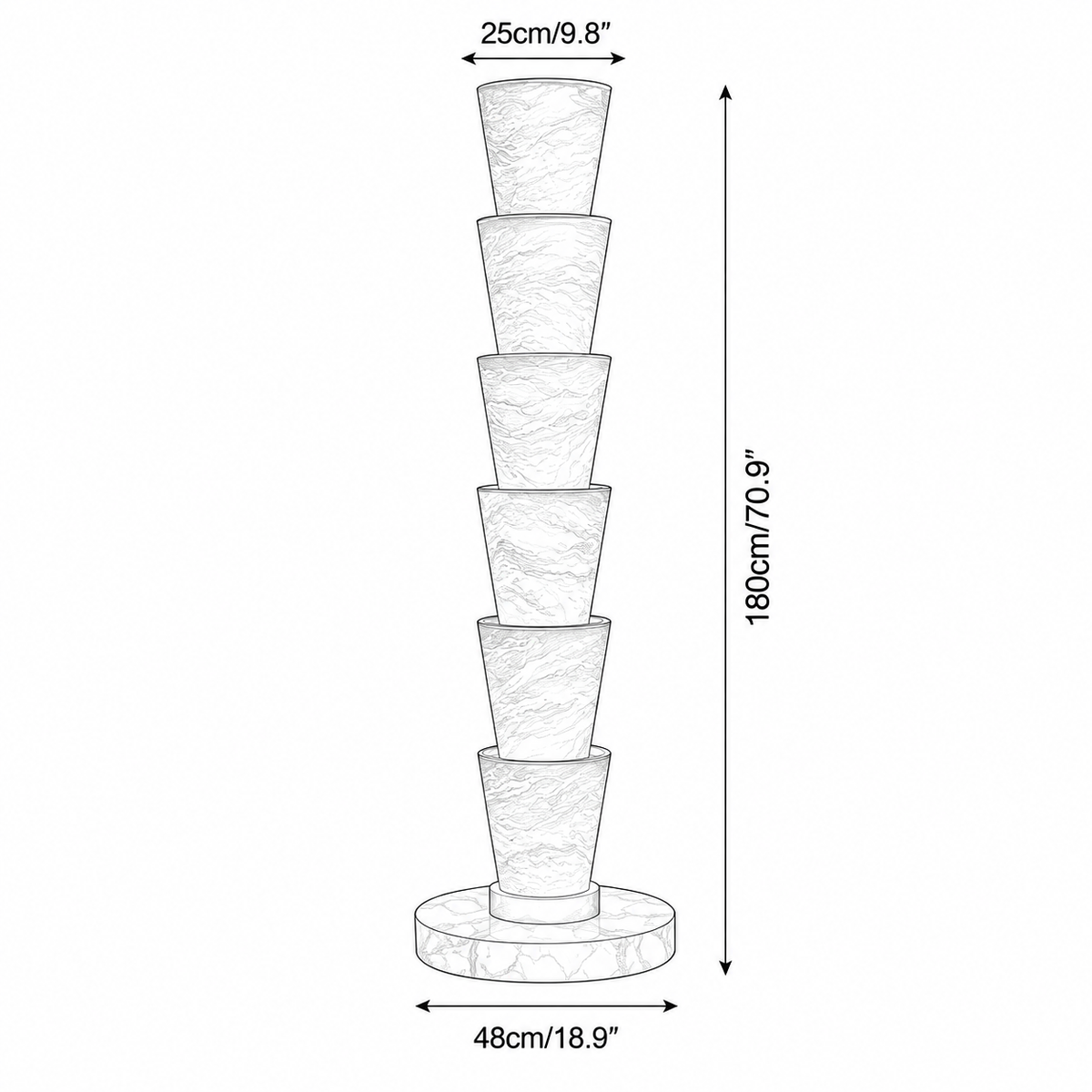Floor lamp dimension drawing on white shows stacked tapered sections, labeled 180 cm tall, 25 cm across the top, and 48 cm across the base.
