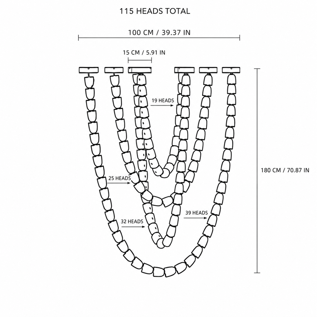 Black-and-white chandelier diagram shows four draped strands, 115 heads total, and dimensions of 100 cm across by 180 cm high.
