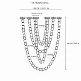 Black-and-white chandelier diagram shows four draped strands, 115 heads total, and dimensions of 100 cm across by 180 cm high.