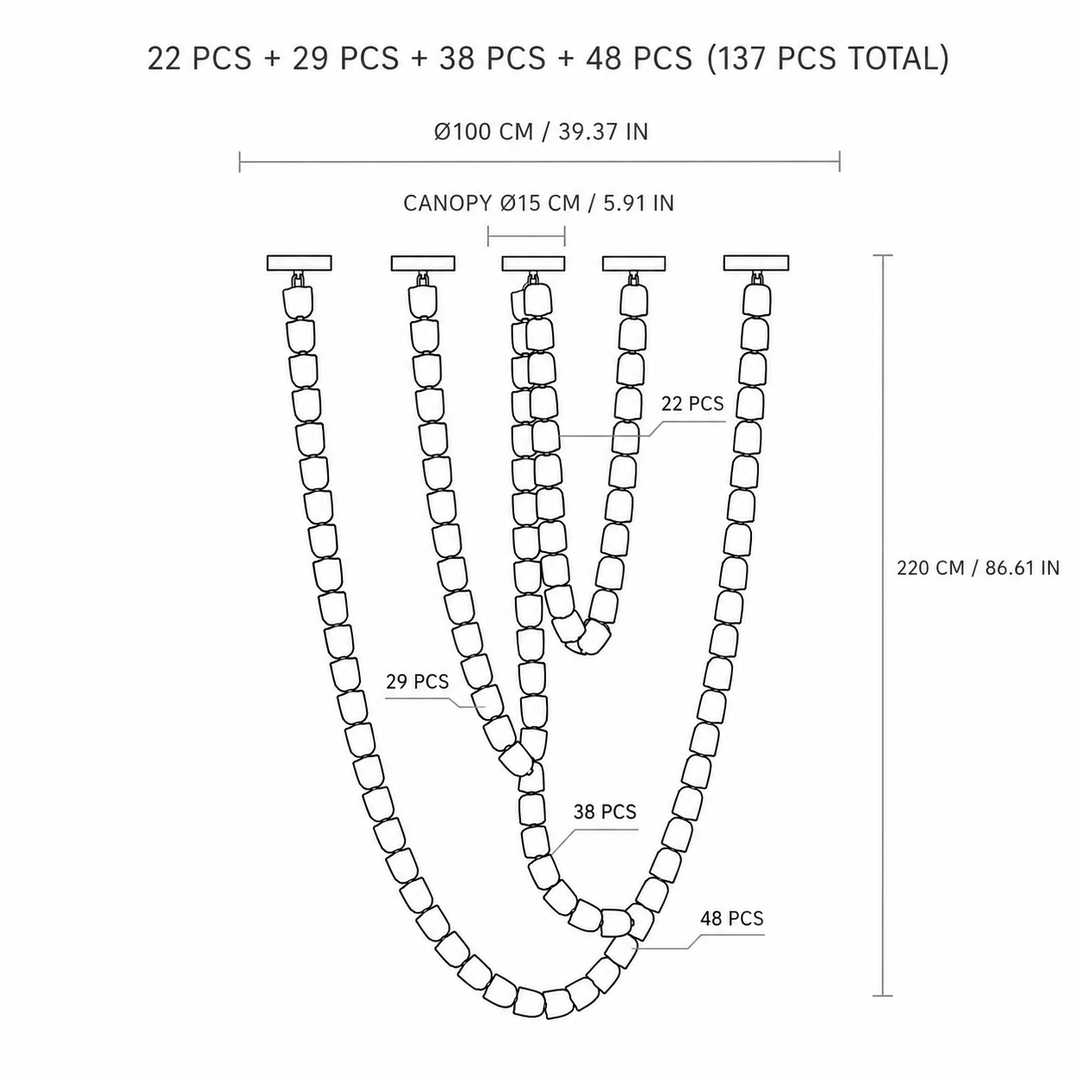Black-and-white chandelier diagram shows four cascading strands, 137 pieces total, and dimensions of 100 cm across by 220 cm high.