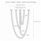 Black-and-white chandelier diagram shows four cascading strands, 137 pieces total, and dimensions of 100 cm across by 220 cm high.