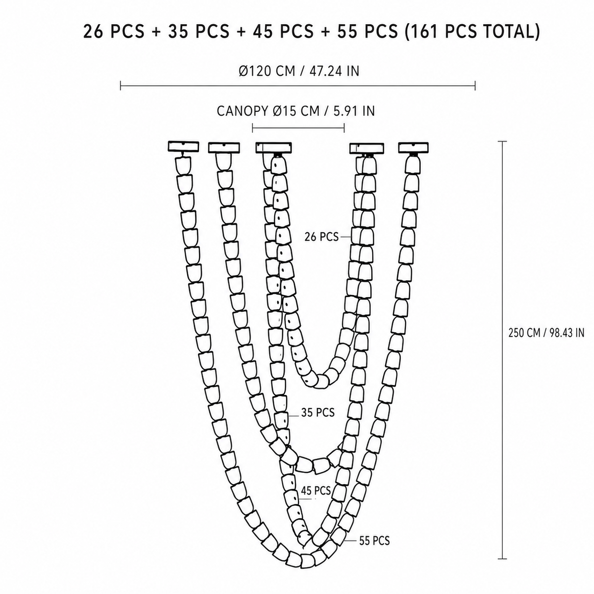 Black-and-white chandelier diagram shows four cascading strands, 161 pieces total, and dimensions of 120 cm across by 250 cm high.