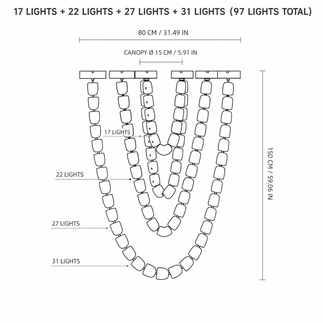Line drawing of the 97-light crystal chandelier labeling strands of 17, 22, 27, and 31 lights with dimensions.