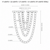Line drawing of the 97-light crystal chandelier labeling strands of 17, 22, 27, and 31 lights with dimensions.