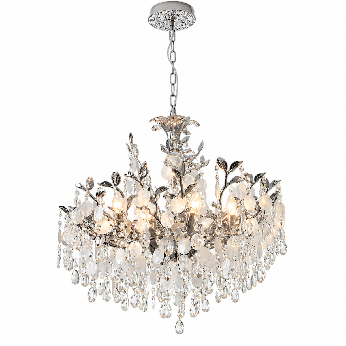 A multi-light crystal chandelier with a polished silver-tone metal frame, featuring leaf-shaped accents, clear glass crystal droplets, and warm white lights turned on, shown against a plain white background.