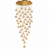 A modern multi-light linear chandelier with a brushed gold circular ceiling canopy and multiple cascading clear glass globe bulbs suspended by gold-toned cords, shown on a plain white background.