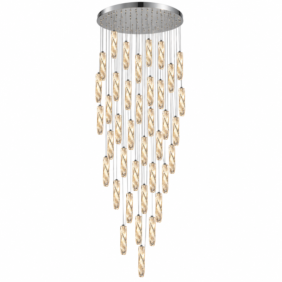 A modern multi-light linear chandelier with a circular silver ceiling canopy, featuring multiple tiers of twisted clear glass tubes that glow with warm light, set against a plain white background.