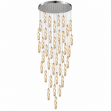 A modern multi-light linear chandelier with a circular silver ceiling canopy, featuring multiple tiers of twisted clear glass tubes that glow with warm light, set against a plain white background.