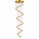 A modern spiral chandelier with a gold circular ceiling canopy, clear glass spherical beads, and thin gold suspension wires, shown against a plain white background.