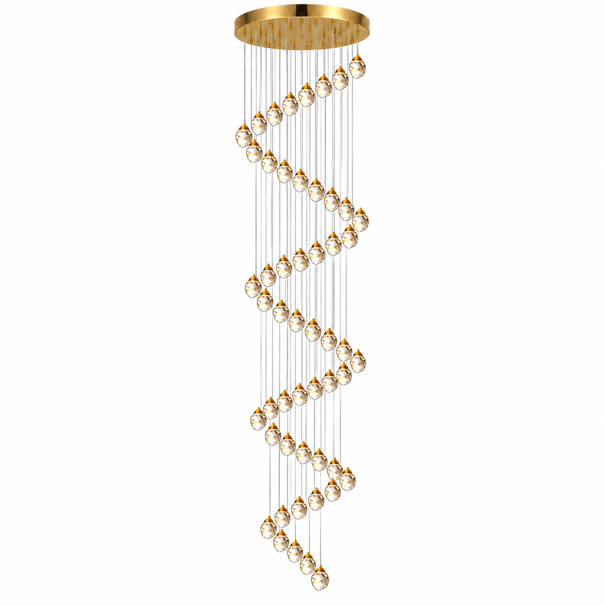 A modern spiral chandelier with a gold circular ceiling canopy, clear glass spherical beads, and thin gold suspension wires, shown against a plain white background.