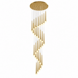 A modern multi-light linear chandelier with a brushed gold circular ceiling canopy and multiple tapered gold metal tubes hanging at staggered intervals, each ending in a small warm white globe bulb, shown on a plain white background.