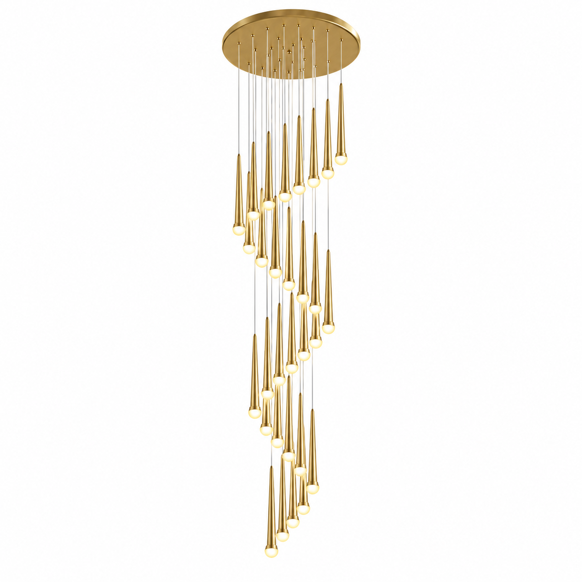 A modern multi-light linear chandelier with a brushed gold circular ceiling canopy and multiple tapered gold metal tubes hanging at staggered intervals, each ending in a small warm white globe bulb, shown on a plain white background.