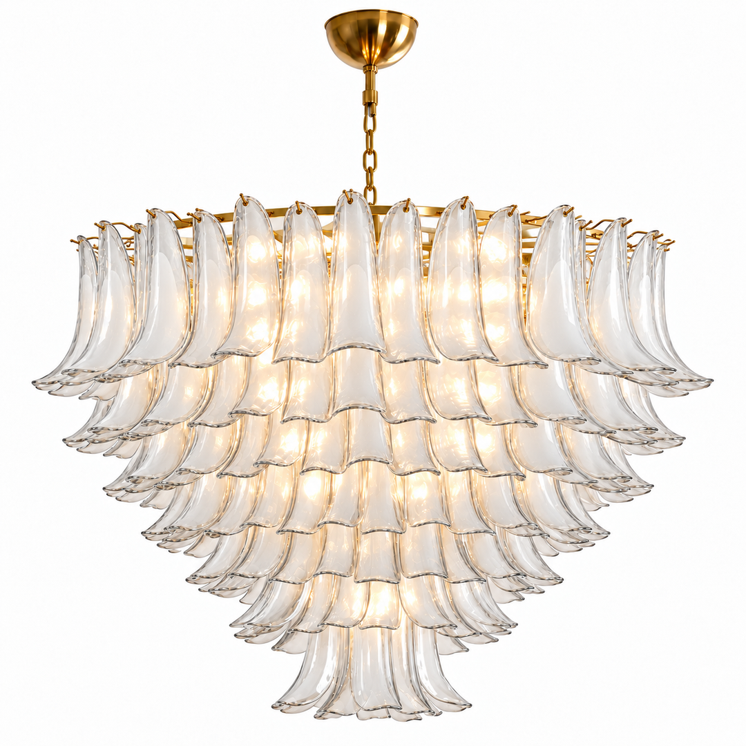 A modern multi-tier chandelier featuring clear textured glass bell-shaped shades with a polished gold brass frame, canopy, and chain, shown against a solid white background.