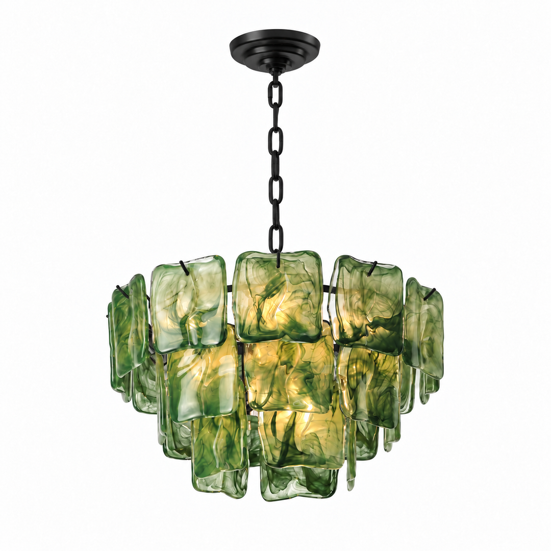 A modern multi-light chandelier featuring textured, irregularly shaped green glass shades with a black metal chain and canopy, shown against a plain white background.