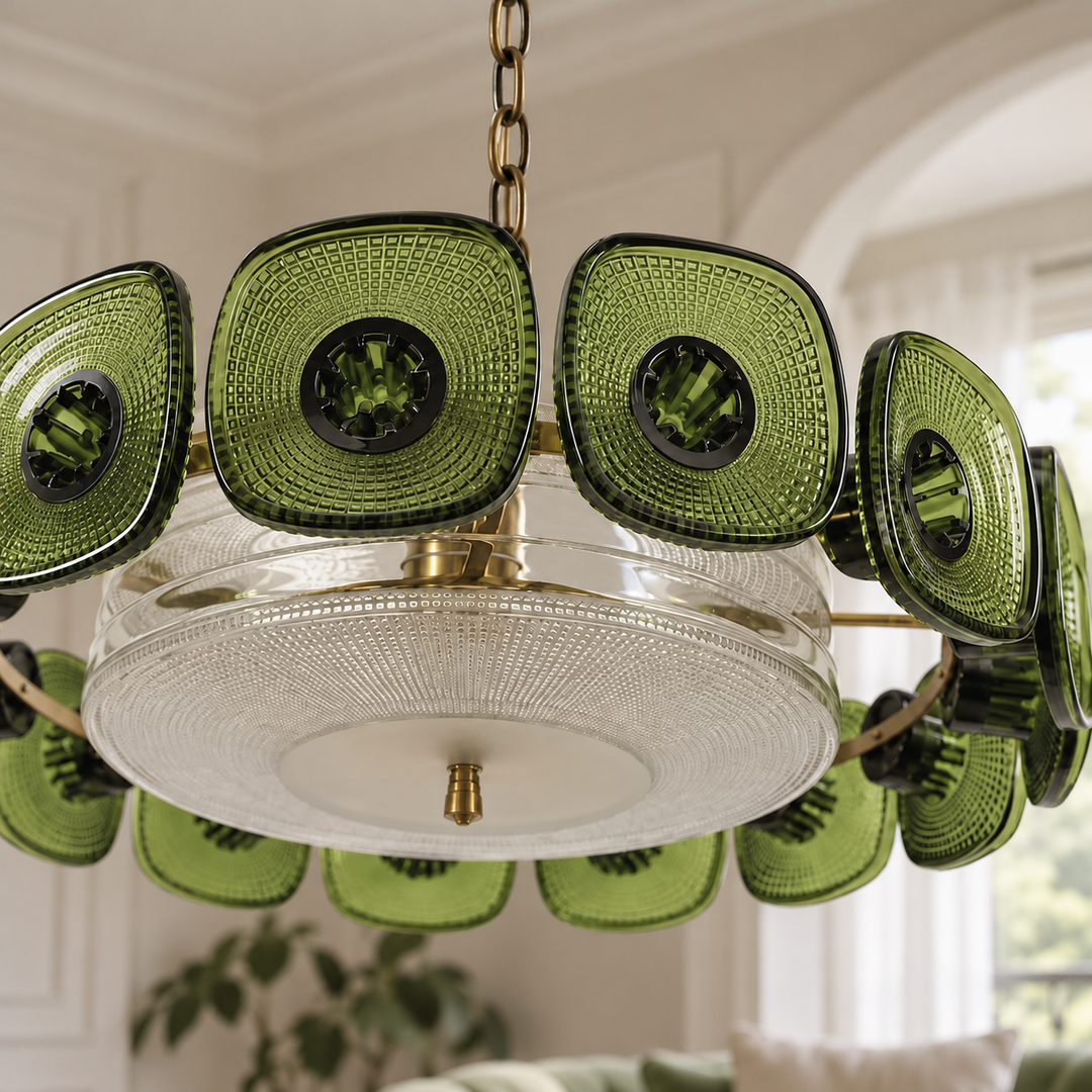 A modern chandelier with textured olive green glass sunburst discs and a clear glass bowl shade, suspended by a brass chain in a bright, elegant room.