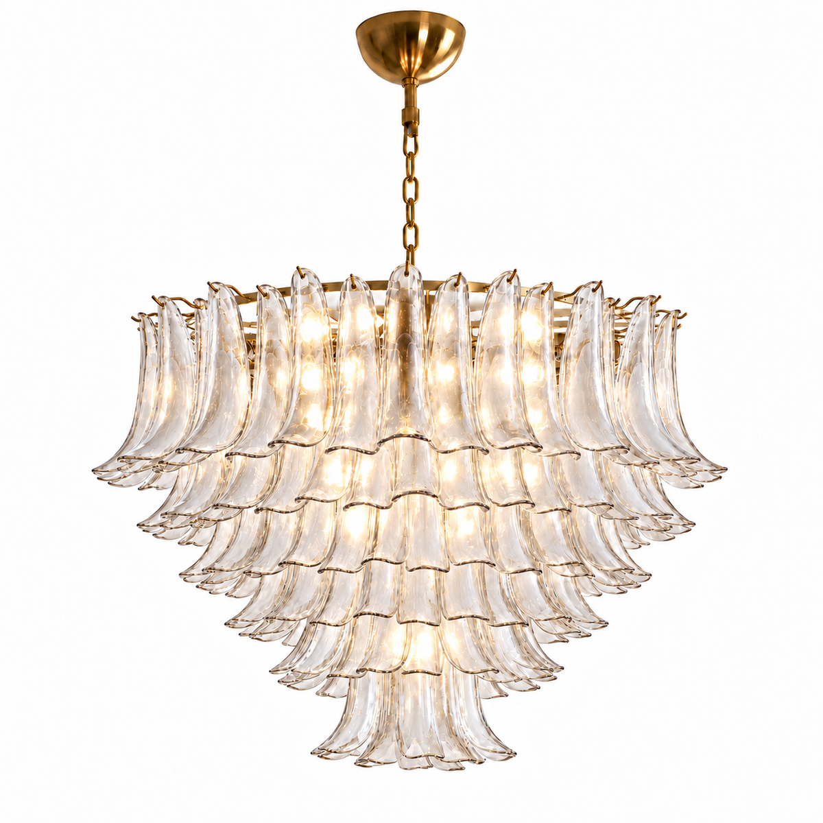A tiered chandelier with multiple layers of fluted clear glass shades and a brushed gold metal frame, hanging from a matching gold ceiling canopy and chain against a plain white background.