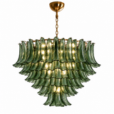 A tiered chandelier featuring multiple layers of green glass ruffled shades, suspended from a gold-toned chain and ceiling canopy against a plain white background.