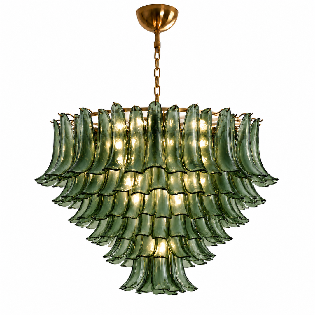 A tiered chandelier featuring multiple layers of green glass ruffled shades, suspended from a gold-toned chain and ceiling canopy against a plain white background.