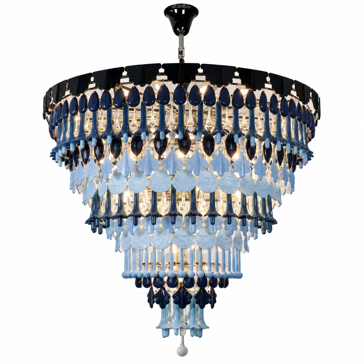 A tiered chandelier featuring light blue and dark navy blue glass teardrop and bell-shaped crystals, with a black top canopy and trim, set against a plain white background.