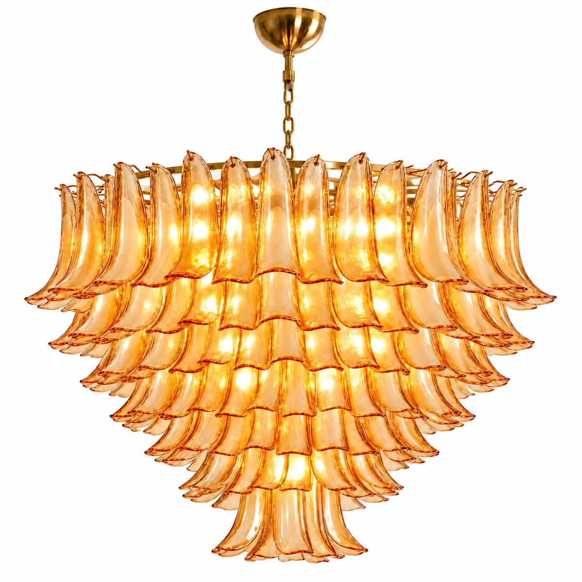 A multi-tiered chandelier featuring curved amber-tinted glass shades suspended from a gold-toned metal frame and chain, shown against a plain white background.
