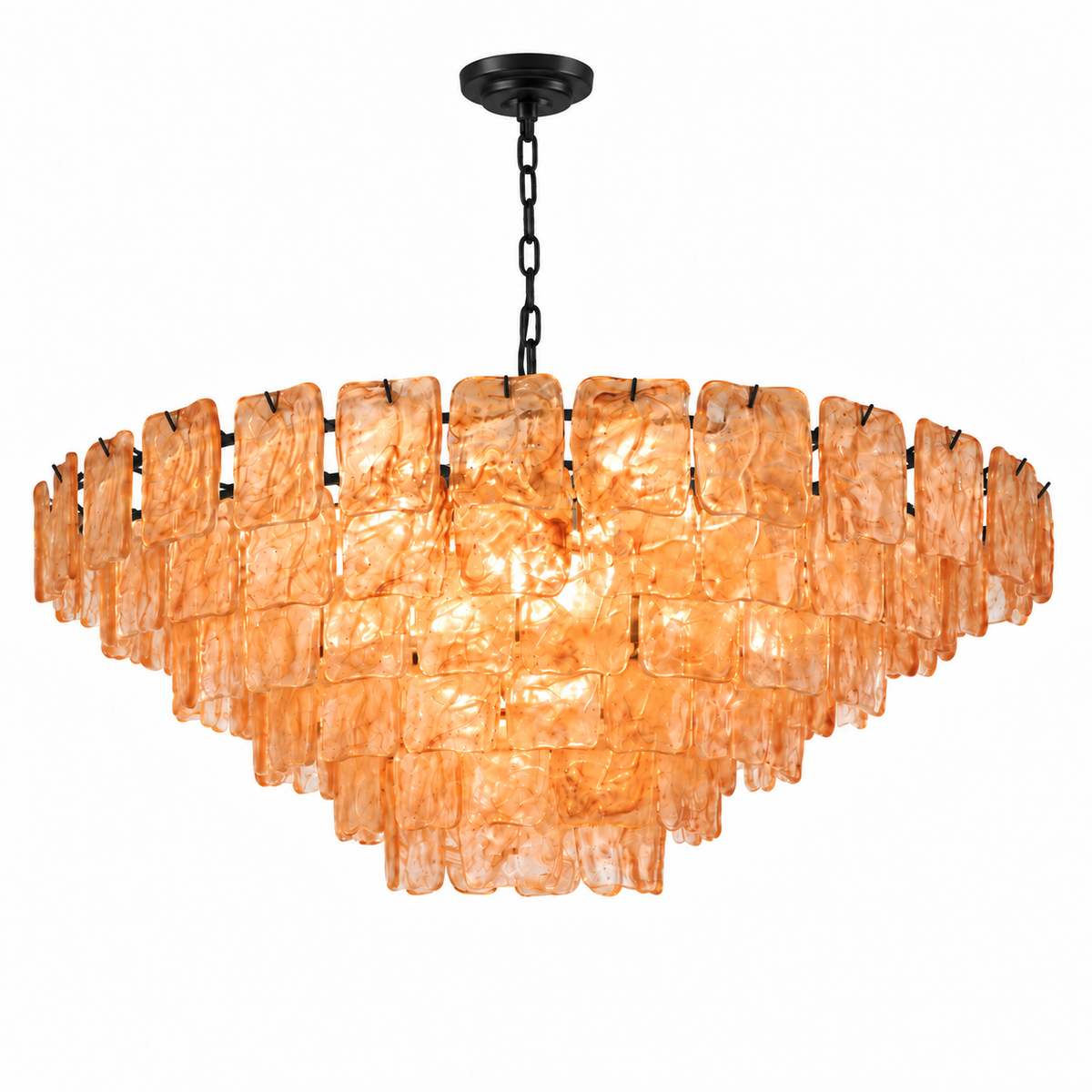 A modern tiered chandelier featuring textured amber-orange glass rectangular shades suspended in a curved, cascading arrangement, with a black chain and ceiling canopy against a solid white background.