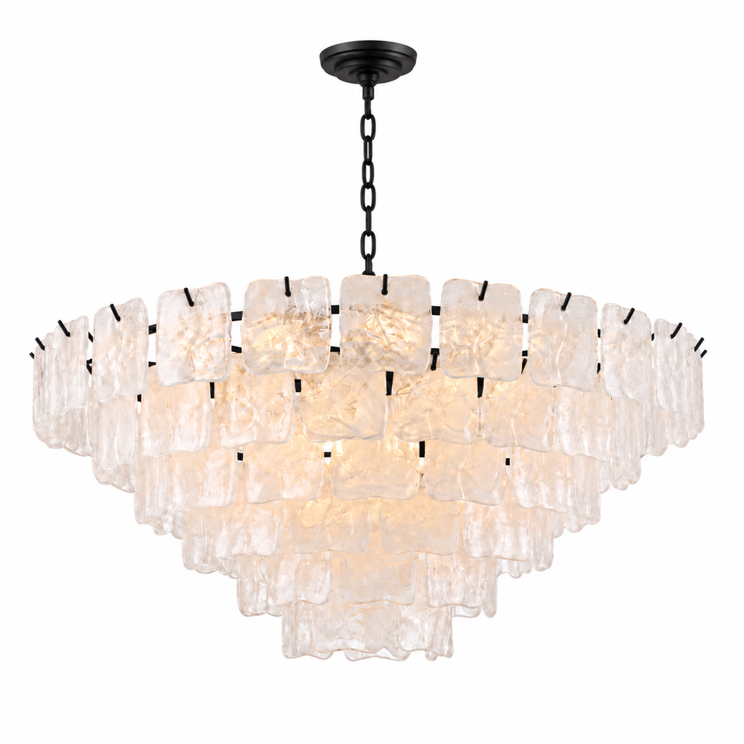 A modern multi-tier chandelier with textured, irregularly shaped clear glass shades suspended from a black metal frame and chain, shown against a plain white background.