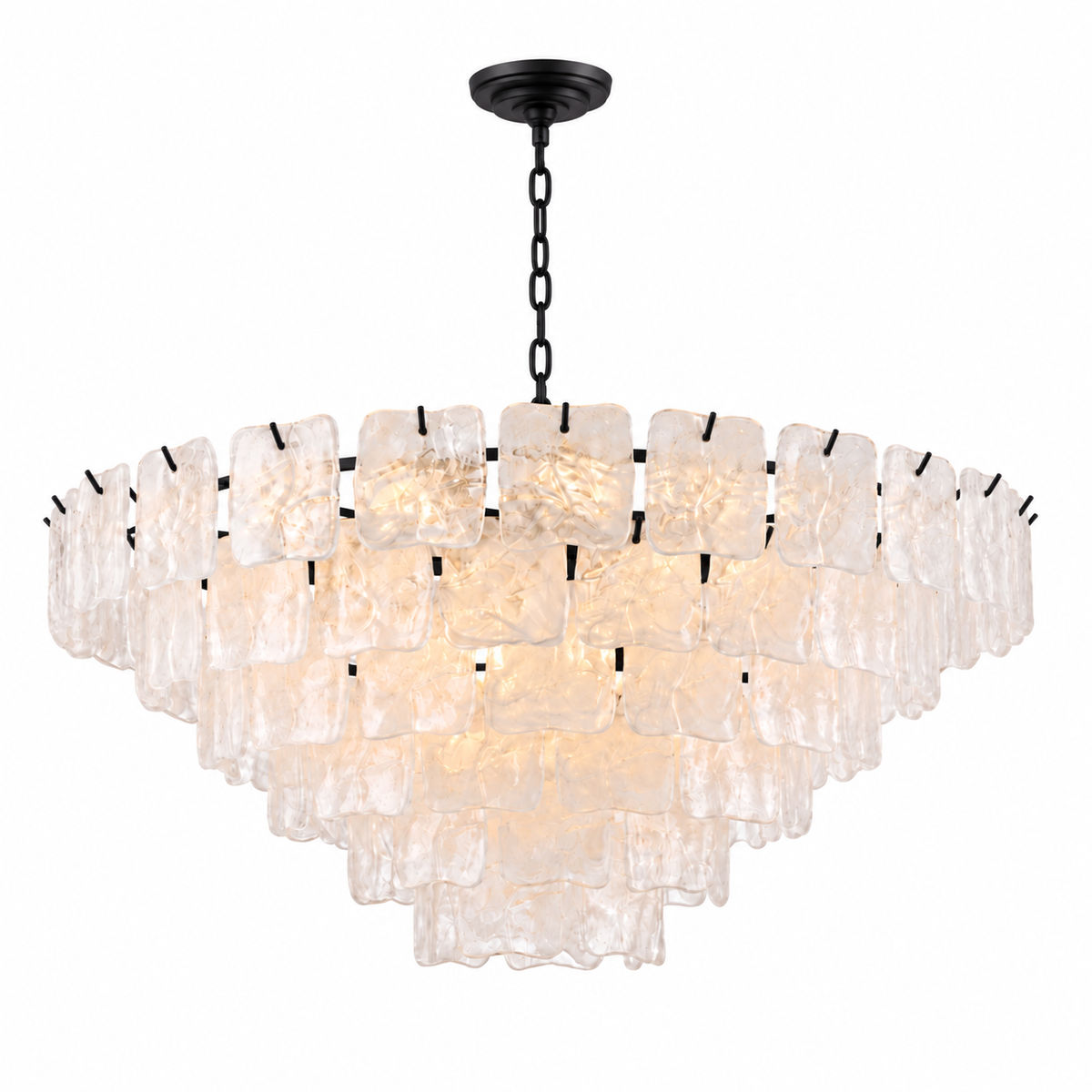 A modern multi-tier chandelier with textured, irregularly shaped clear glass shades suspended from a black metal frame and chain, shown against a plain white background.