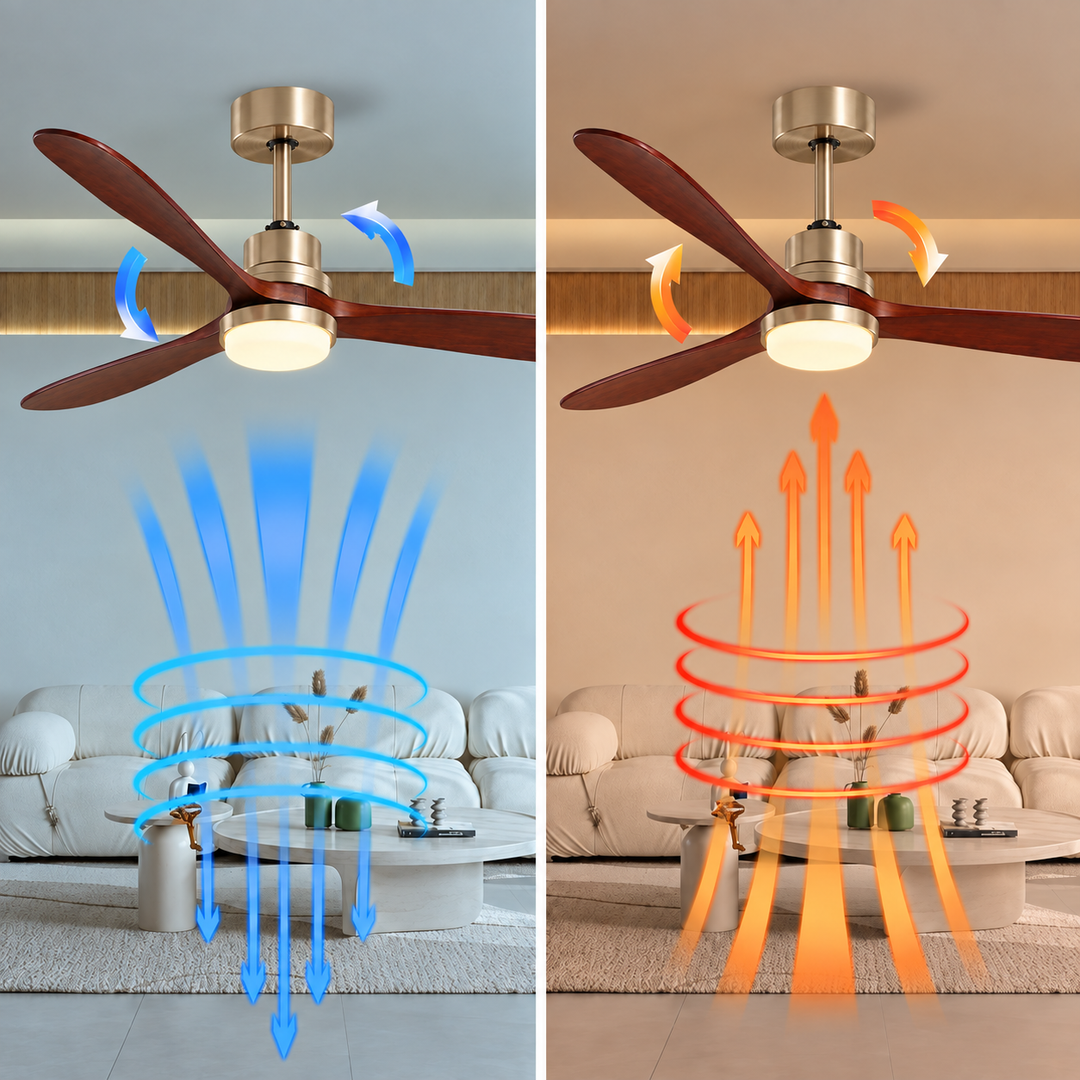 Split-screen of the ceiling fan light in a living room, with blue downward airflow arrows on the left and orange upward airflow arrows on the right.