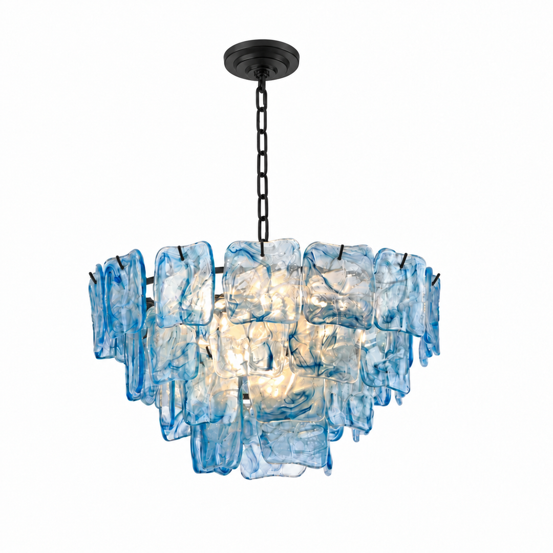 A modern multi-light chandelier featuring textured, irregularly shaped translucent blue glass shades suspended from a black metal frame and chain.