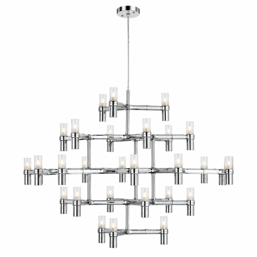 A modern multi-tier chandelier with a polished silver metal frame and multiple cylindrical glass shades, shown against a plain white background.
