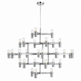 A modern multi-tier chandelier with a polished silver metal frame and multiple cylindrical glass shades, shown against a plain white background.