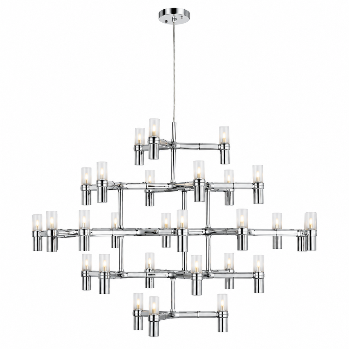 A modern multi-tier chandelier with a polished silver metal frame and multiple cylindrical glass shades, shown against a plain white background.