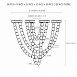 Black-and-white chandelier diagram shows five overlapping draped strands, 129 pieces total, and dimensions of 100 cm across by 180 cm high.