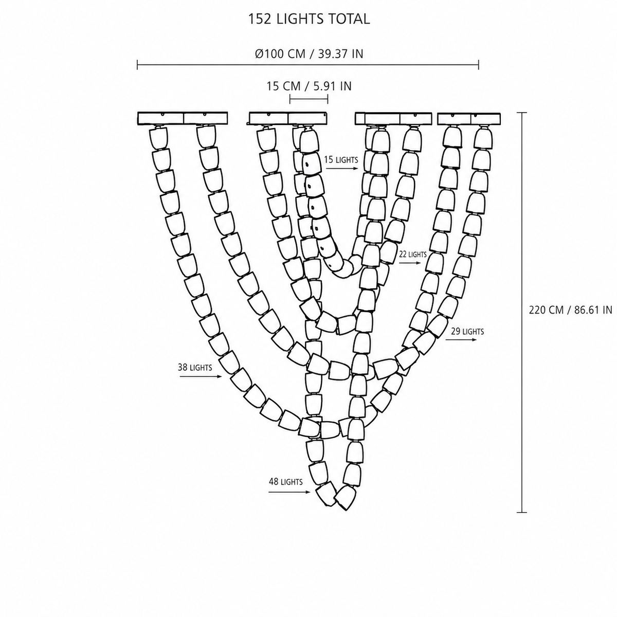 Black-and-white chandelier diagram shows five tiered strands, 152 lights total, and dimensions of 100 cm across by 220 cm high.