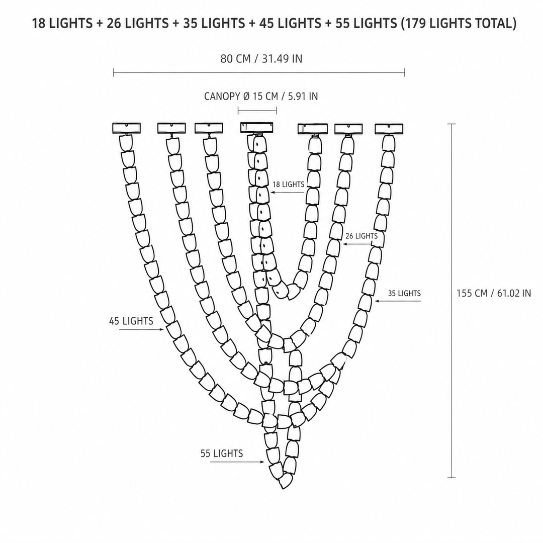 Line drawing of the 179-light crystal chandelier labeling five strand sizes with their light counts and dimensions.