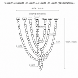 Line drawing of the 179-light crystal chandelier labeling five strand sizes with their light counts and dimensions.