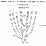 Black-and-white chandelier diagram showing tiered looping strands, 218 total pieces, and dimensions of 120 cm across and 300 cm high.