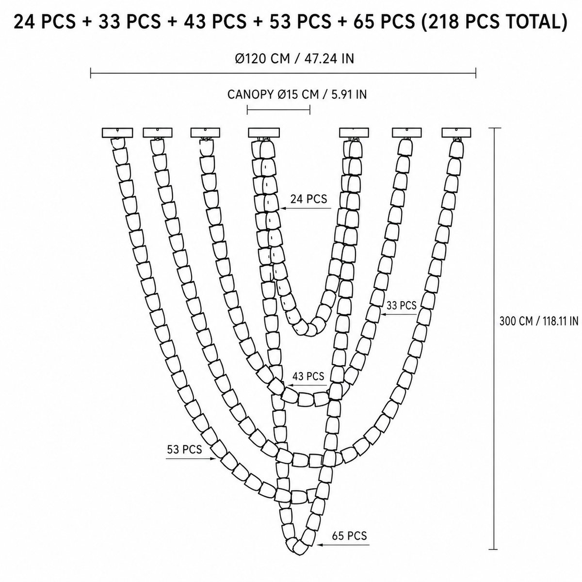 Black-and-white chandelier diagram showing tiered looping strands, 218 total pieces, and dimensions of 120 cm across and 300 cm high.
