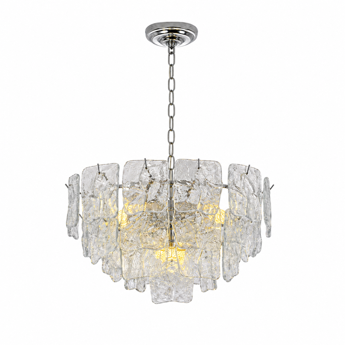 A modern multi-light pendant chandelier featuring textured, irregular clear glass panels suspended from a polished silver-tone metal frame and chain.