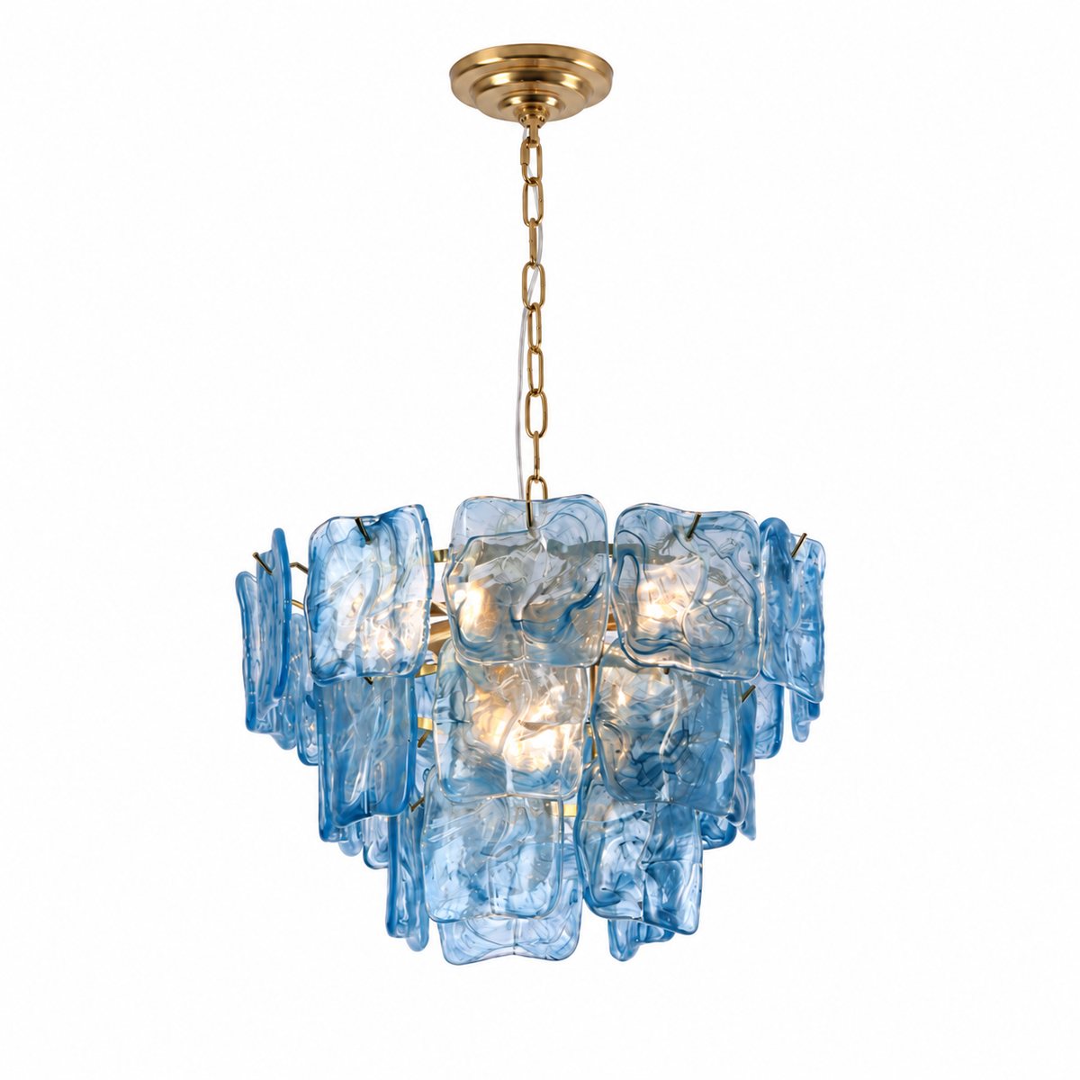 A modern multi-light pendant chandelier featuring textured, irregular-shaped translucent blue glass shades suspended from a polished brass chain and canopy against a solid white background.
