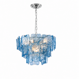 A modern multi-light pendant chandelier featuring textured, wavy blue glass shades suspended from a polished silver-tone ceiling canopy and chain.