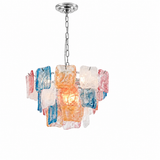 A modern multi-light pendant chandelier featuring a silver-toned metal chain and canopy, with multiple rectangular glass shades in translucent blue, orange, pink, and clear white, shown against a plain white background.