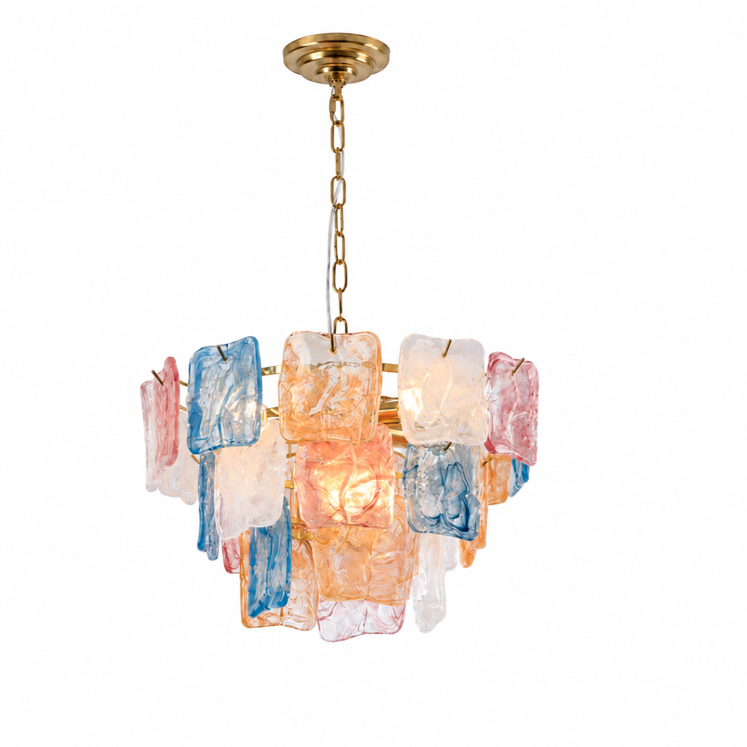 A modern multi-light chandelier featuring a gold-finished ceiling canopy and chain, with multiple rectangular glass shades in translucent white, blue, and pink, illuminated from within.
