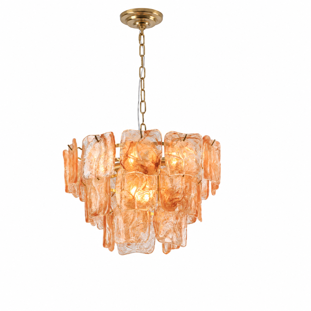 A modern chandelier featuring irregular, wavy amber-orange glass shades suspended from a gold-toned brass canopy and chain.