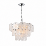 A modern multi-light pendant chandelier featuring irregular, textured clear glass shades suspended from a polished silver-tone metal frame and chain.