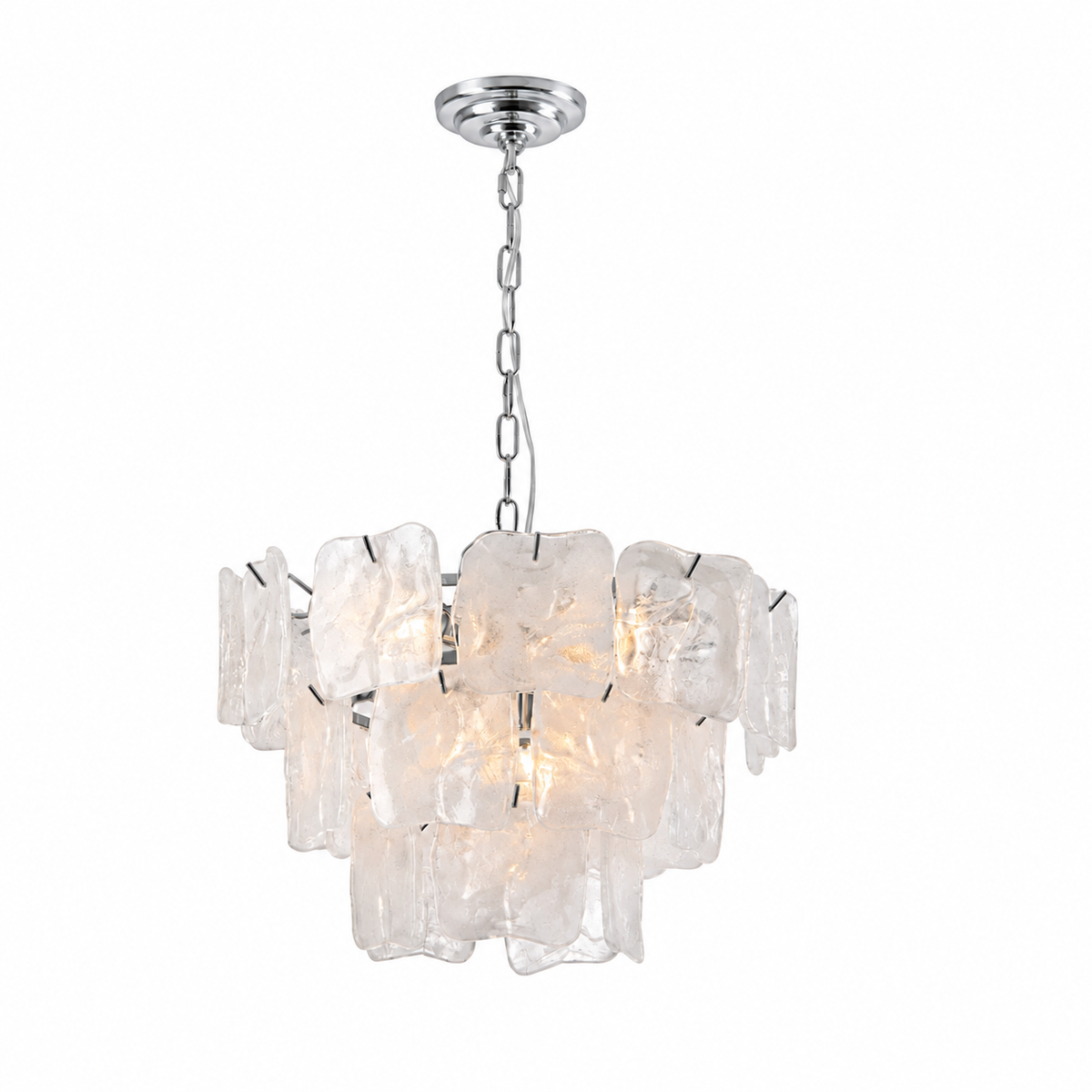 A modern multi-light pendant chandelier featuring irregular, textured clear glass shades suspended from a polished silver-tone metal frame and chain.